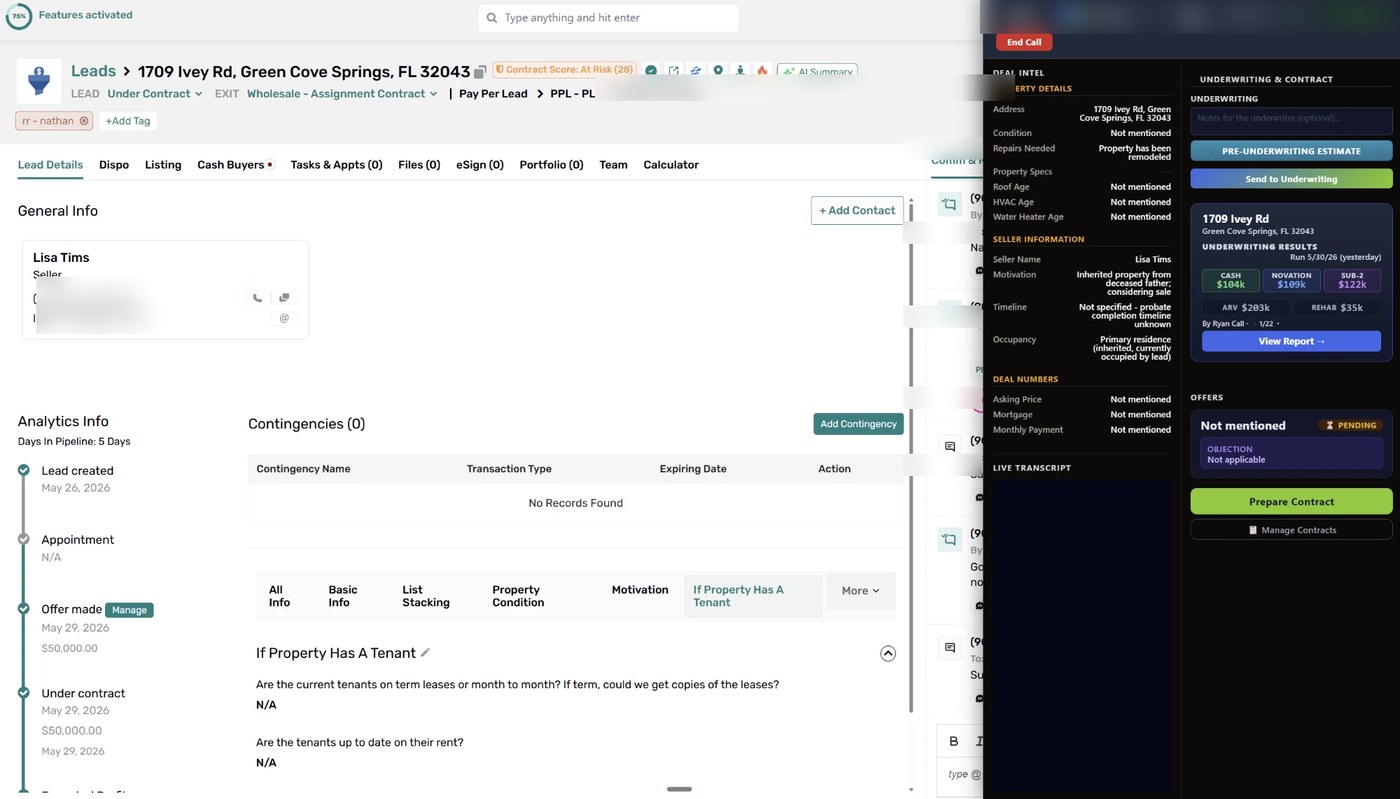 RealtyZoom extension running inside REsimpli CRM — deal intel and underwriting side-by-side with the lead