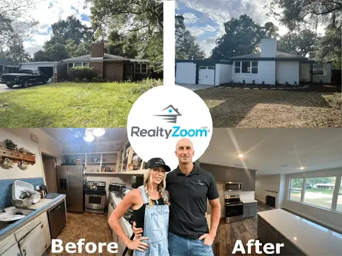 Before and after collage showing a brick house and dated kitchen transformed into a modern home by the RealtyZoom team.